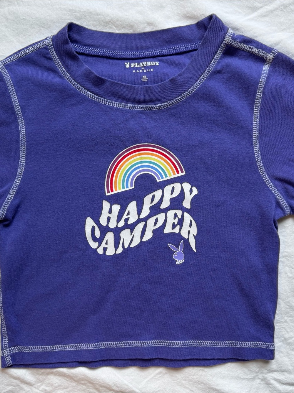Pacsun x Playboy Purple Crop Top with White Stitching and Rainbow Graphic